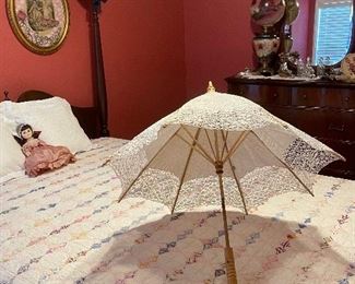 Battenburg Lace Umbrella, Handmade Quilt on Four-Poster