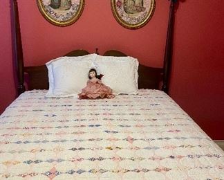 Mahogany 4-Poster Bed, Hanmade Quilt, Pair Battenberg Lace Pillows, Porcelain Doll