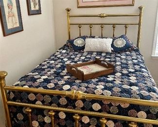 Extraordinary and Sturdy Full-Size Brass Bed, Handmade Blue Yo-Yo Quilt
