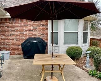 Vintage Wood-Painted Aluminum Patio Table with Original Canvas Umbrella with 4 Matching Chairs and Cushions