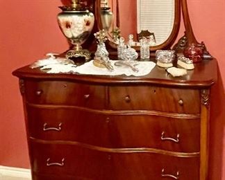 Beautiful Antique Bow-Front Dresser, Stunning Electrified Glass Lamp