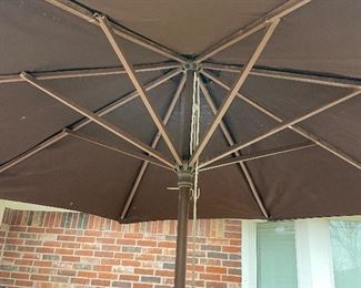 Vintage Wood-Painted Aluminum Patio Table with Original Canvas Umbrella with 4 Matching Chairs and Cushions