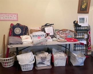 Linens, Fabric Remnants, Quilting Supplies, Large Assortment of New Knitting Needles and Accessories