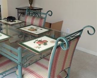IRON AND GLASS TABLE AND 4 CHAIRS