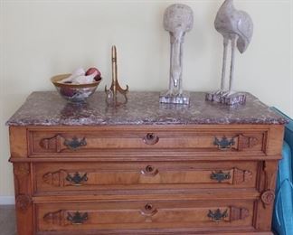 VINTAGE WALNUT  3 DRAWER STORAGE WITH MARBLE TOP - MARBLE BIRDS - BRASS EASLE - BOWL WITH SHELLS