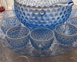 Blue opalescent Hobnail punch bowl set with ladle, possibly Fenton or Duncan Millar
