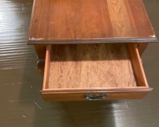 Wood end table with drawer.                          22” w 25”d 22”t.                                                       $45.00