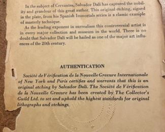 Salvadore Dali etching “Cervantes” Authenticated.  $300.00