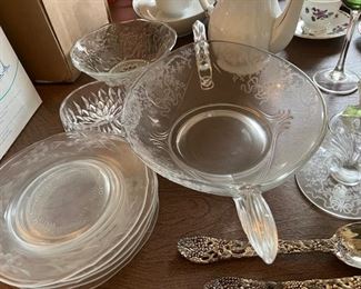 Fostoria Midnight Rose dessert dishes, candlesticks, and bowl with handles