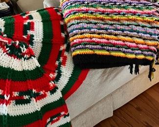 Handmade crocheted afghan and tree skirt