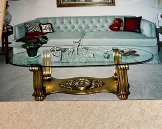 Blue Velvet Sofa and Glass coffee table