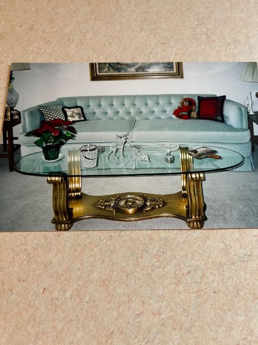 Blue Velvet Sofa and Glass coffee table
