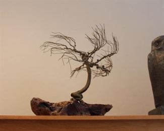 Midecentury copper wire tree on burl wood base