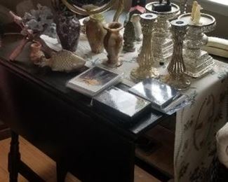 Gorgeous globe; candlesticks; drop-leaf table