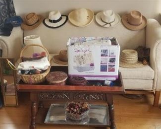 Chippendale sofa and matching loveseat in cream upholstery. Spiegel sewing machine