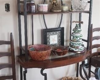 Bakers rack; ladderback rush seat chairs