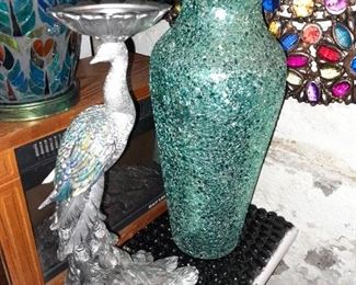 Peacock Candle Holder & Teal Mosaic Glass Vase
