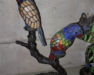 2 Parrots Sitting On A Branch Stained Glass Lamp