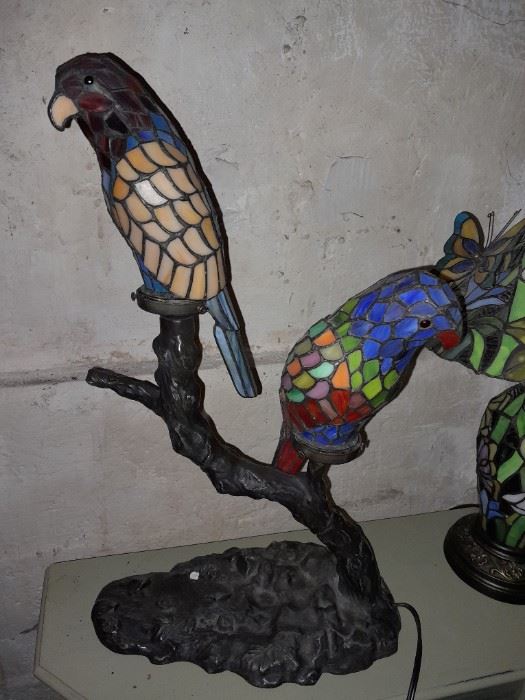 2 Parrots Sitting On A Branch Stained Glass Lamp