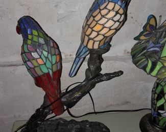 2 Parrots Sitting On A Branch Stained Glass Lamp