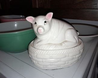 Pig In A Basket Ceramic Figurine