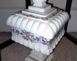 Hand Painted Milk Glass Footed Bowl W/ Lid