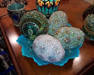 Rhinestone Covered Eggs In Blue Art Glass Bowl