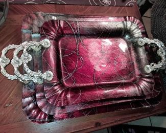 Beautiful Red Trays W/ Silver Toned Handles