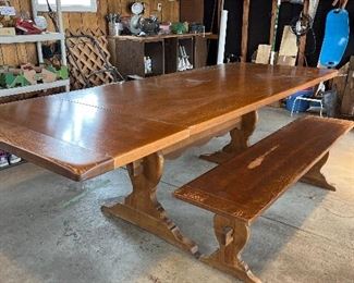 Garage:  Picture this long trestle table and bench in your home for family gatherings.  It measures 60" x 38" and has table extensions at each end that measure 20".  The table can extend (as shown) to 100" long!  Imagine the bench painted black!