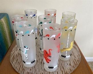 Living Room:  This is a set of eight vintage LIBBEY "Carousel / Merry-Go-Round" frosted glasses.  Each one has a colorful animal on it.  
