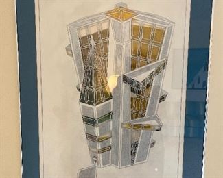 Living Room:  An original drawing of a fictional building in New York is by local graphics artist Michelle Evans.