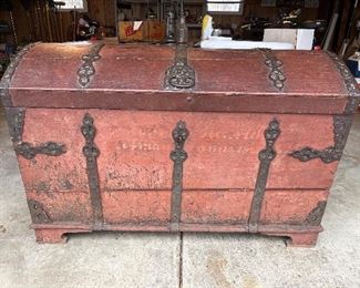 Garage:  This antique domed/dovetailed chest (1823) is spectacular!  Its forged iron hinges, ring handles and lock are unbelievable!  It measures 47" wide x 24-1/2" deep x 32" tall.  Closer photos of the details follow.