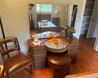 Bedroom #3:  The Art Deco vanity has an attached triple mirror, round table mirror, and is priced with the coordinating round stool with nail-head trim.  The armless chair matches the set but is separately priced.  Closer photos of the vanity set and lamp follow.   