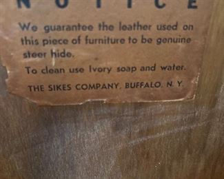 Bedroom #3:  This is a photo of the tag on the ART DECO night stand.  The furniture was made by THE SIKES COMPANY.  Note the reference to the steer hide.