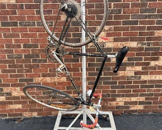 Garage:  A heavy duty bike rack on casters can hold up to six bikes. The men's bike shown (GIANT - ROSS Professional) needs a little TLC. 