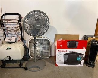 Lower Level-Plant Room:  Several devices are shown:  a Master Mfg. Master Gardner sprayer; three fans (box, stand, tower); and a Honeywell humidifier. 