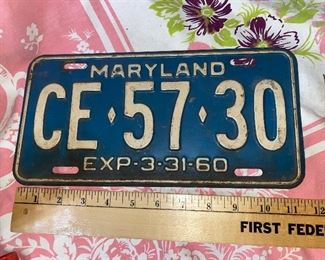 1960 Maryland License Plate $5.00