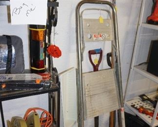 step stool, shovels, rakes