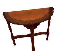 $200 USD      Vintage Demi Lune Accent Table LL127-34     Description:  Antique End Table Side Table Sofa Table Wood Rustic Half Moon Table Three Leg Table.  Beautiful End Table or Side Table. It is a half circle with three beautifully turned legs. It is made of wood. It is stained a dark walnut color with lighter inlay interior.  The finish is in very good vintage used condition with the normal wear indicative of age, ie. scratches, mars and scuffs.  It is a nice table to display a large vase, collection of picture frames or bedroom display of your favorite collection. Many functional uses for this timeless work. 

Condition: Good vintage condition

Dimensions: 24 in x 12 x 23"

Local pick up Alexandria, VA.  Contact us for shipper suggestions.      https://goodbyhello.com/products/vintage-demi-lune-accent-table-ll127-34?_pos=6&_sid=f0cdb1161&_ss=r