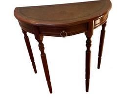 $280 USD      Vintage Leather Top Demi Lune Table One Drawer LL127-25     Description: We are delighted to offer for sale this lovely vintage half moon mahogany with brown leather top demi lune console table A good looking well made and decorative table, it has a nice vintage patina to it and works well in any setting

Condition: Very Good Condition

Dimensions: 29 x 14 x 29"H

Local pick up Alexandria, VA.  Contact us for shipper suggestions.      https://goodbyhello.com/products/vintage-leather-top-demi-lune-table-ll127-25?_pos=12&_sid=f0cdb1161&_ss=r