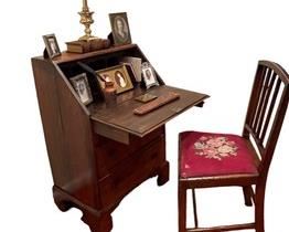 $600 USD      Vintage Women Writing Secretary Desk & Chair LL127-32     Description:  This a sturdy example ready to go to work and yet reflect the golden era of furniture making, the 18th century. The lid opens to reveal a pigeonhole interior with later stirrup form pulls. Hinges, lock, and brass pull hardware details are hand done. Two lower drawers make this a perfect desk with ample storage.  Laptop ready, all work inside the desk is concealed with the closure of the lid.

Condition: Excellent vintage condition

Dimensions:  24 x 28 x 37"H

Local pick up Alexandria, VA.  Contact us for shipper suggestions.      https://goodbyhello.com/products/vintage-women-secretary-desk-chair-ll127-32?_pos=7&_sid=f0cdb1161&_ss=r