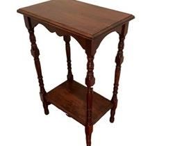 $100 USD     Vintage Wood Accent Table w Lower Shelf Curved Apron LL127-27      Description: English tiered mahogany accent table.  It's carved apron, turned leg and lower shelf adds character and interest to this adorable piece.  

Condition: Very good vintage condition.

Dimensions: 18 x 12 x 28"H

Local pick up Alexandria, VA.  Contact us for shipper suggestions.      https://goodbyhello.com/products/vintage-wood-accent-table-ll127-27?_pos=14&_sid=f0cdb1161&_ss=r