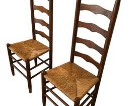 $500 USD     Pair of Wood Ladderback Chairs w Rushed Seats RF167-2      Description: Bring a touch of rustic appeal to your dining room or eat-in kitchen with this classic wood side chair, featuring a lovely openwork design and woven seat. Set of two antique dining chairs in the style of Gio Pointi with an elegant wood frame and reed seats. Priced as a pair.

Dimensions: 15 x 14 x 44"H

Condition: One is in great condition.  One has minor unraveling on edge of seat

Local pick up Alexandria, VA.  Located in Condo on 6th Floor.  Contact us for shipper suggestions.      https://goodbyhello.com/products/pair-of-wood-ladderback-chairs-w-wicker-seats-rf167-2?_pos=5&_sid=325b09c95&_ss=r