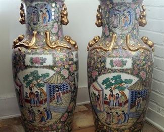 Canton Style Family Rose Floor Vases, 31.5" x 15" Diameter, Qty 2