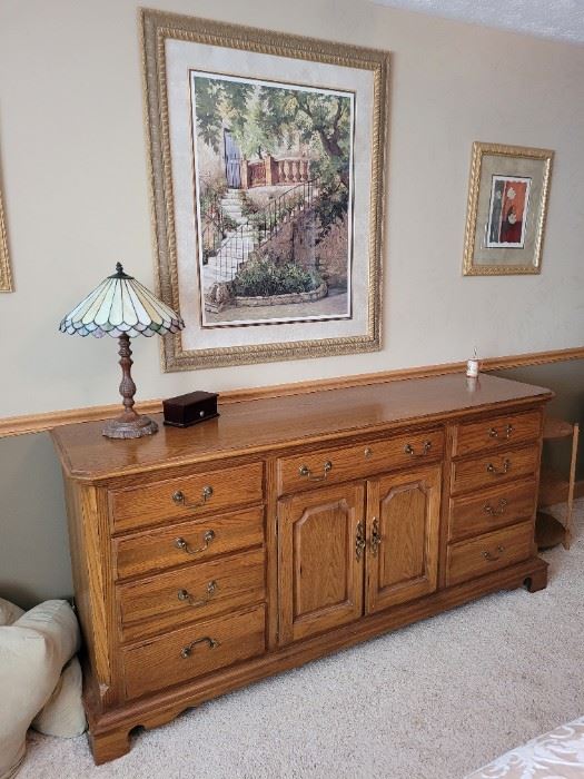 $170 Thomasville 12 drawer SOLID Oak dresser, Trifold mirror included(next picture). 
 $60 Gardenscape Art.   SOLD-Stained glass lamp(top metal flange bent), 