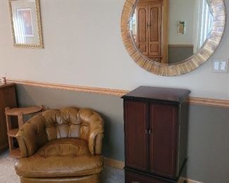  $60 Cherry Jewely cabinet, $80 Gold mirror, SOLD Drexel MCM Leather Club chair,