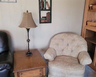 $25 Flexsteel Creme swivel rocker, as is more pictures available,  $15 Rectangle end table, as is more pictures available,  