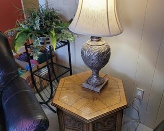 $15 Hexagon table,  $40Ornate Lamp, SOLD- Black stand