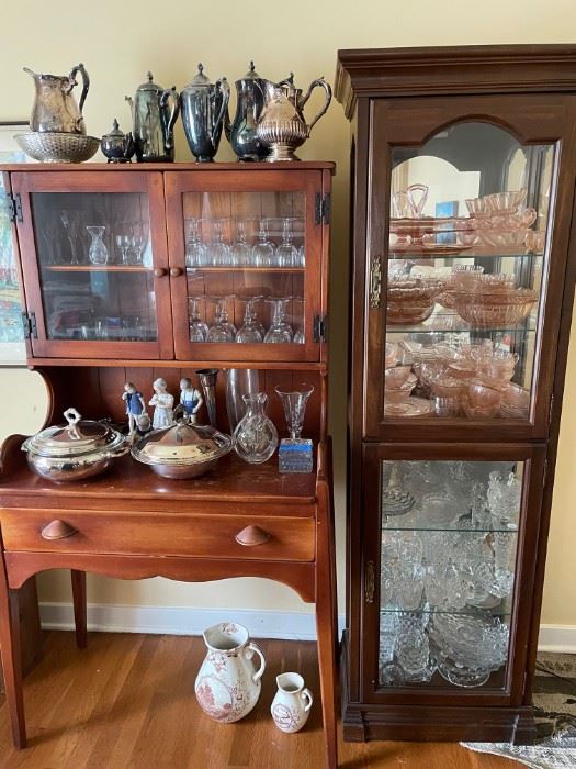 Depression glassware - Fostoria Clear American, Anchor Hocking Miss America Pink, Lace Edge Pink, Hobnail Pink. Silverplate and sterling silver serving pieces. Cut crystal and Waterford crystal pieces. 