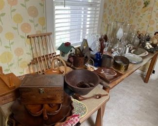 Kitchen items. Vases. Wood bowls and serving pieces. 